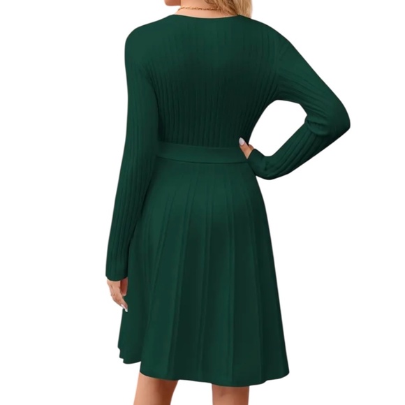 Women’s Long Sleeve Wrap V-Neck Ribbed Knit A line Sweater Dress - Picture 2 of 10